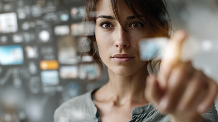 Focused woman interacting with transparent digital interface, selecting options with concentrated expression in modern setting
