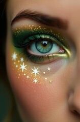Close-up of New Year's makeup on a woman's face on Christmas night. Vertical original concept of beauty services in the beauty industry.