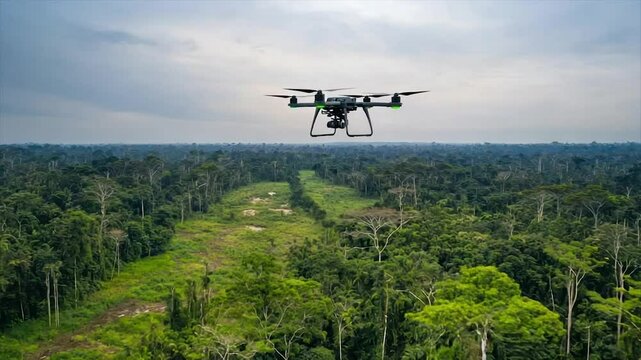 Drone surveying deforestation in a vast rainforest