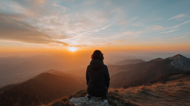 Person sitting on mountain top watching beautiful sunset with warm colors and peaceful atmosphere - Powered by Adobe