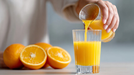 Obraz premium Fresh orange juice pouring into clear glass with whole and halved oranges on wooden table, bright and refreshing drink