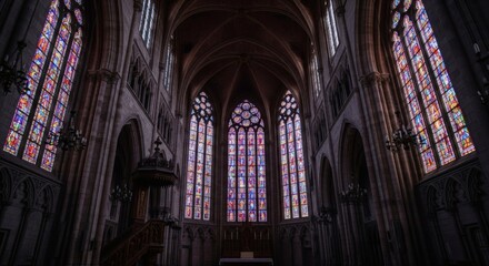 Stained Glass Cathedral Interior: Experience the awe-inspiring beauty within a cathedral, where light dances through vibrant stained glass windows.