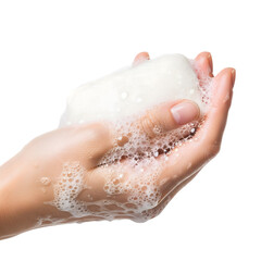 Fototapeta premium Hand holding a bar of soap covered in foam isolated on transparent background