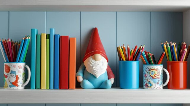 A gnome figurine is sitting on a shelf next to a row of colorful books and a row of pencils. The gnome is blue and white, and it is a small, whimsical character