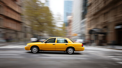 Yellow taxi cab driving on busy city street with blurred buildings and trees creating dynamic urban scene
