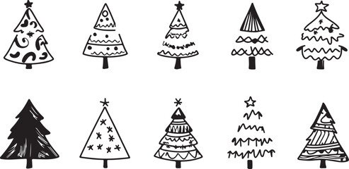Hand Drawn Christmas Trees Seamless Pattern in Black and White