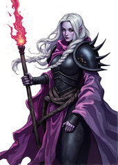 Fototapeta premium Dark Elf Sorceress with White Hair Casting Fire Magic – Powerful Female Mage in Spiked Armor and Purple Cloak Holding Staff with Flaming Tip, Fantasy Character Illustration on White Background