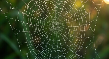 Fototapeta premium Spiderweb with dew drops is seen against a blurred green and yellow background.