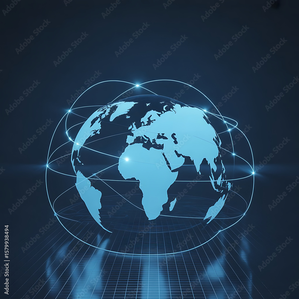 Poster global communication network concept: a 3d illustration of the world map and globe with interconnect