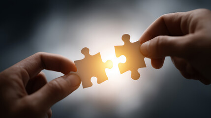 Hands hold glowing puzzle piece fitting into larger set symbolizing connection and teamwork in soft light