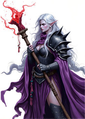 Dark Elf Sorceress with White Hair Casting Fire Magic &ndash; Powerful Female Mage in Spiked Armor and Purple Cloak Holding Staff with Flaming Tip, Fantasy Character Illustration on White Background