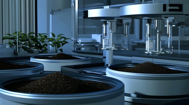 Industrial facility with automated machinery and containers of dark-colored goods.