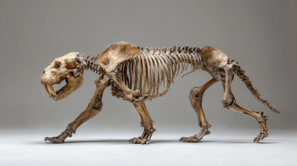 Saber tooth tiger skeleton displayed on gray background showing detailed bones and sharp teeth in side view