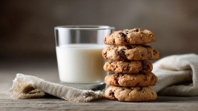 Stack of chocolate chip cookies with glass of milk on rustic wooden table and cozy fabric, inviting and warm snack
