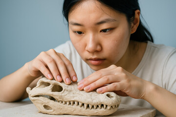 focused young artist carefully sculpting detailed clay dinosaur skull model for paleontology or creative arts project