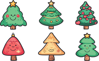 Naklejka premium Cute Cartoon Christmas Trees with Smiling Faces and Festive Decorations