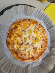 Homemade Crispy Cheese Pizza with Corn and Ham Topping