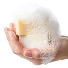 Hand holding two bars of soap covered in white foam isolated on transparent background