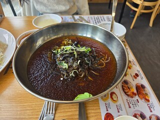 Traditional Korean Buckwheat Makguksu Noodles in Cold Broth