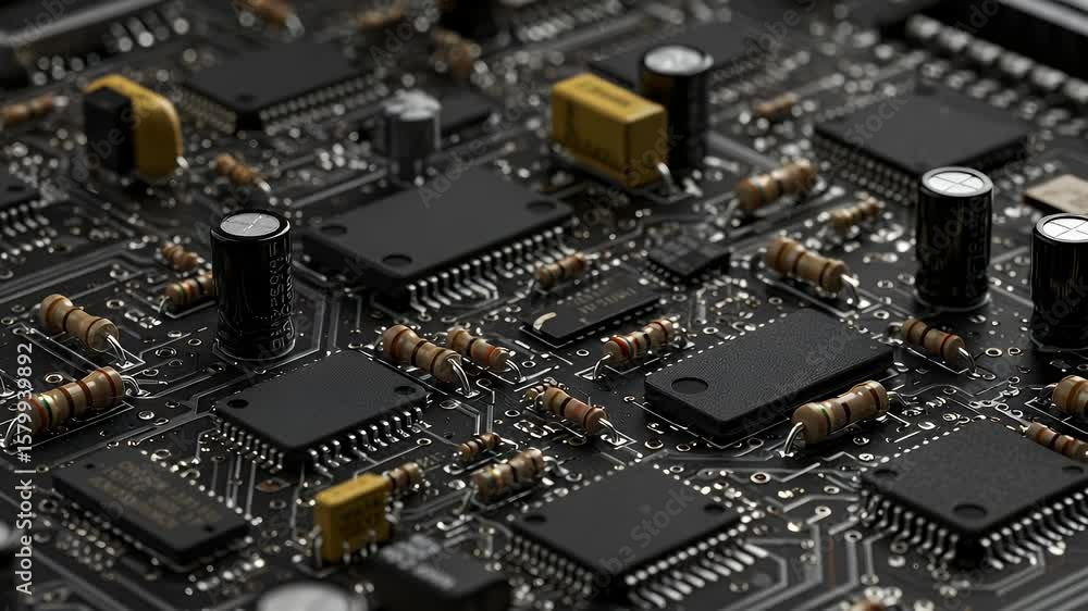 Poster complex, textured circuit board with components