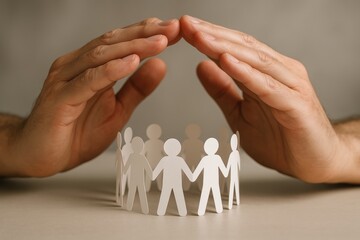 Hand-Held Protection: Symbolic image shows hands sheltering a ring of paper cut-out figures, representing care, community, and protection. The photo's message is support and safeguard.