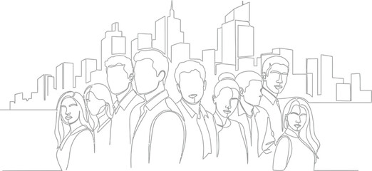 Continuous line drawing of business team with city skyline background vector illustration design concept