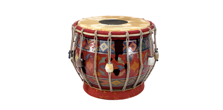 Isolated ethnic percussion instruments made of wood and leather create a traditional musical rhythm