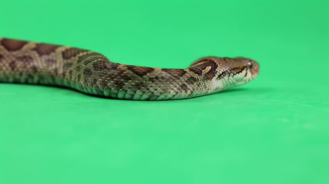 Brown and patterned snake with intricate scales on a vibrant green studio background, perfect for compositing and wildlife projects.
