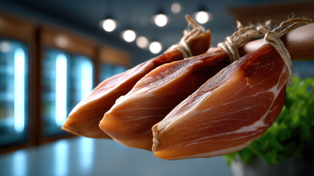 Hanging cured ham dry aged meat gourmet delicacy traditional shop savory rustic closeup culinary preserved appetizing