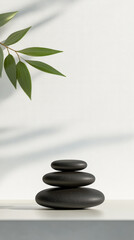 Naklejka premium Stacked black stones with green leaves on a bright white surface creating a tranquil and minimalist atmosphere