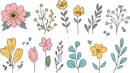 Hand Drawn Floral Illustration with Pink Yellow and Blue Flowers and Leaves