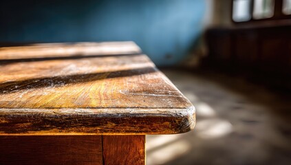 Worn wooden table corner in sunlit room