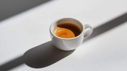 Espresso in a white cup, sunlit