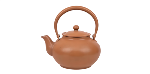 Old brown ceramic teapot with handle isolated on white