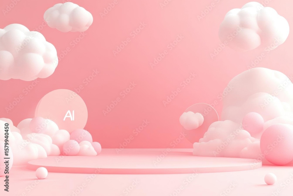 Poster rendered pink scene with clouds and artificial intelligence elements for modern tech