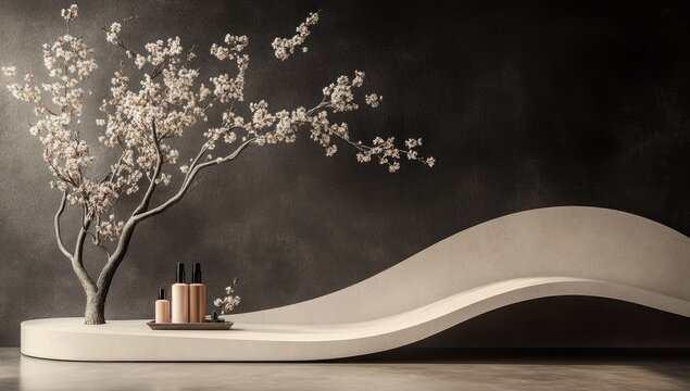 Elegant spa scene with cherry blossom tree