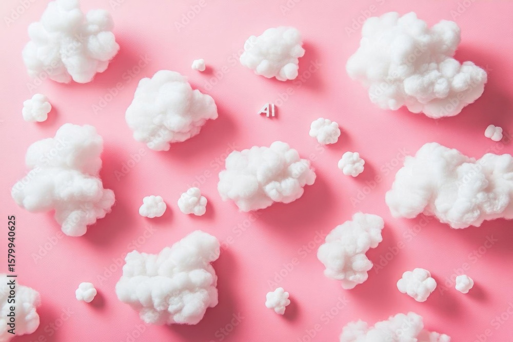 Poster soft clouds float on pink background with artificial intelligence letters