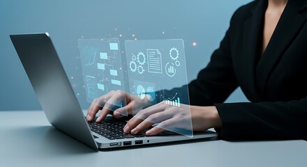 Businesswoman analyzing data on a laptop with holographic interface showcasing graphs charts and workflow diagrams for strategic planning and decision making