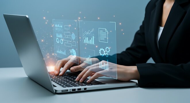 Woman working on laptop with digital data analysis interface overlay future technology and business intelligence concept modern workspace