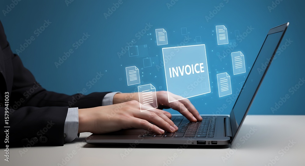Poster typing on laptop with invoice document icons floating representing digital billing and online accoun