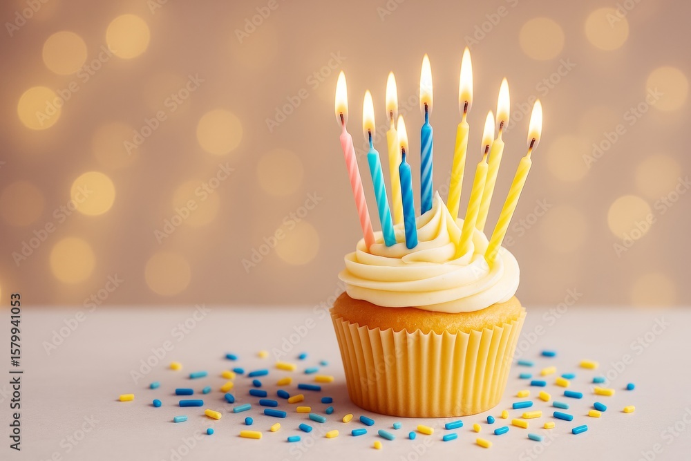 Poster cupcake with lit birthday candles and colorful sprinkles on soft bokeh light background. ai generati