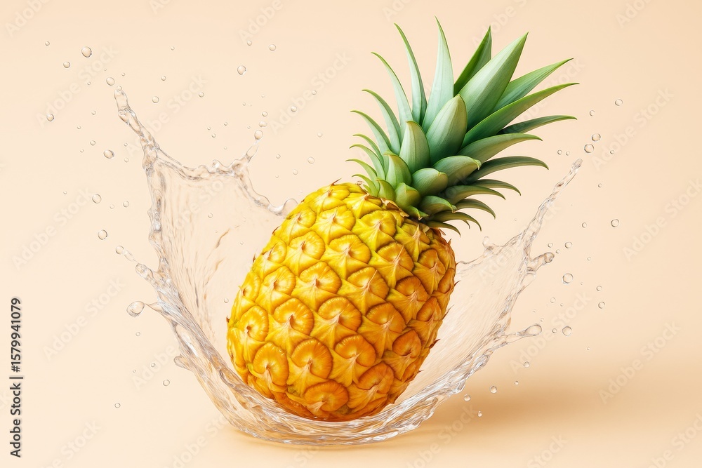 Poster fresh pineapple splashing into water on pastel background with realistic light and detail creating a