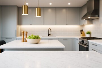 Fototapeta premium Modern kitchen interior with marble countertop, blurred background and soft lighting, perfect for food mockup, branding or design presentation template.