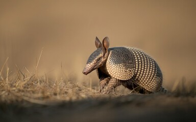 Fototapeta premium Nine-banded Armadillo Foraging in Grassy Habitat, Close-Up Wildlife Portrait