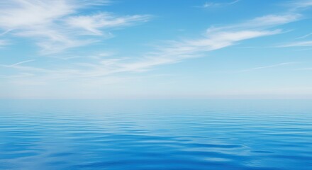 Obraz premium Calm blue ocean water under a bright blue sky with scattered white clouds.