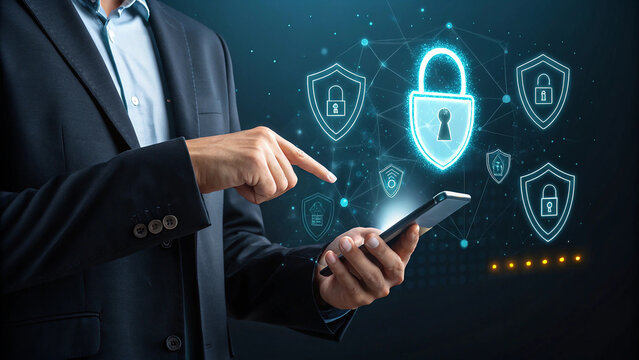 Man in dark suit using smartphone with glowing digital security icons and network connections