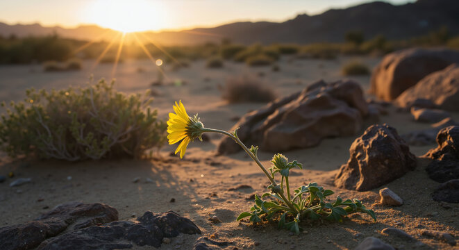 Yellow wildflower growing among rocks in desert during hot weather conditions. Heat tolerant plants and drought resistant flowers for extreme temperature survival and arid climate adaptation