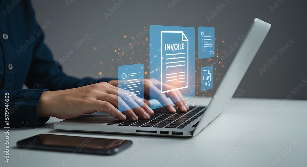 Aufkleber online invoicing and digital document management on laptop with person typing for business efficienc