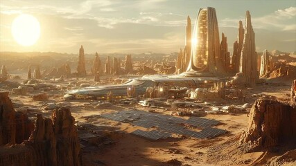 Futuristic desert city with towering structures, solar panels, and spacecraft, bathed in warm sunset light - Powered by Adobe