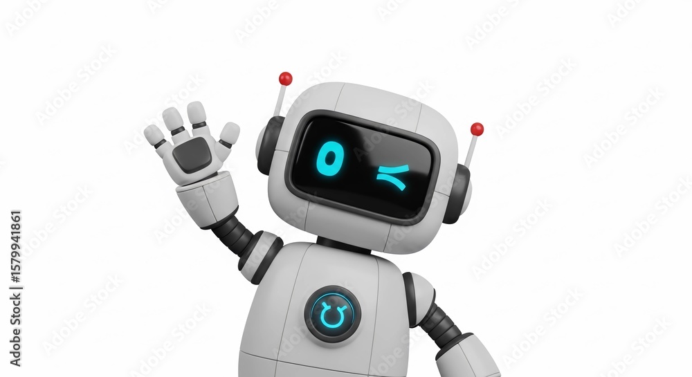 Poster friendly robot waving hello on clean white backdrop - inspiring technology and artificial intelligen